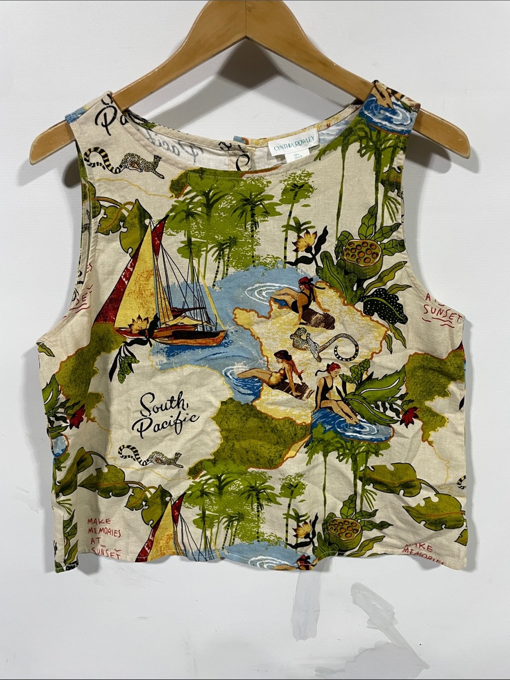 Cynthia Rowley linen blend Cream Tank Top with Green & Blue Tropical Print